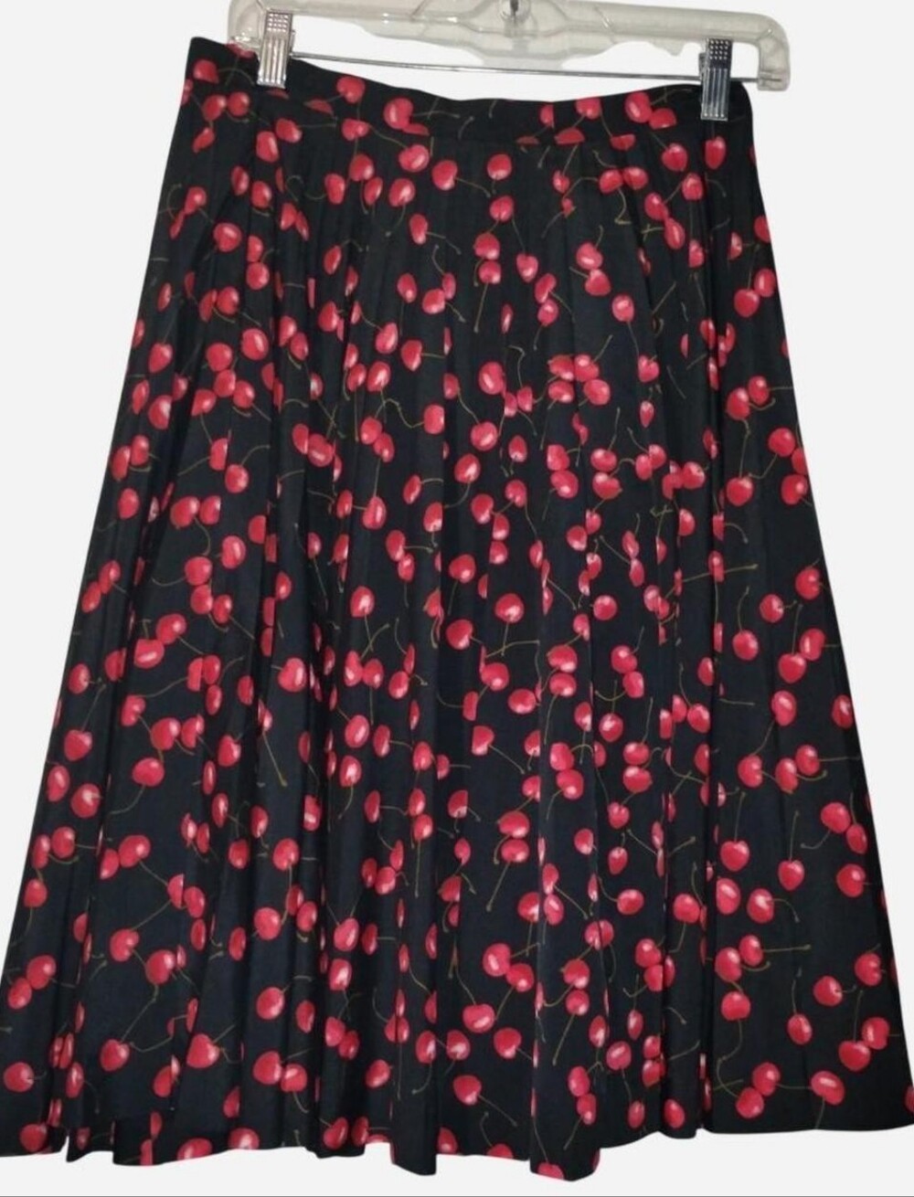 Black Cherry Print Pleated Midi A-Line Skirt women's size Small
